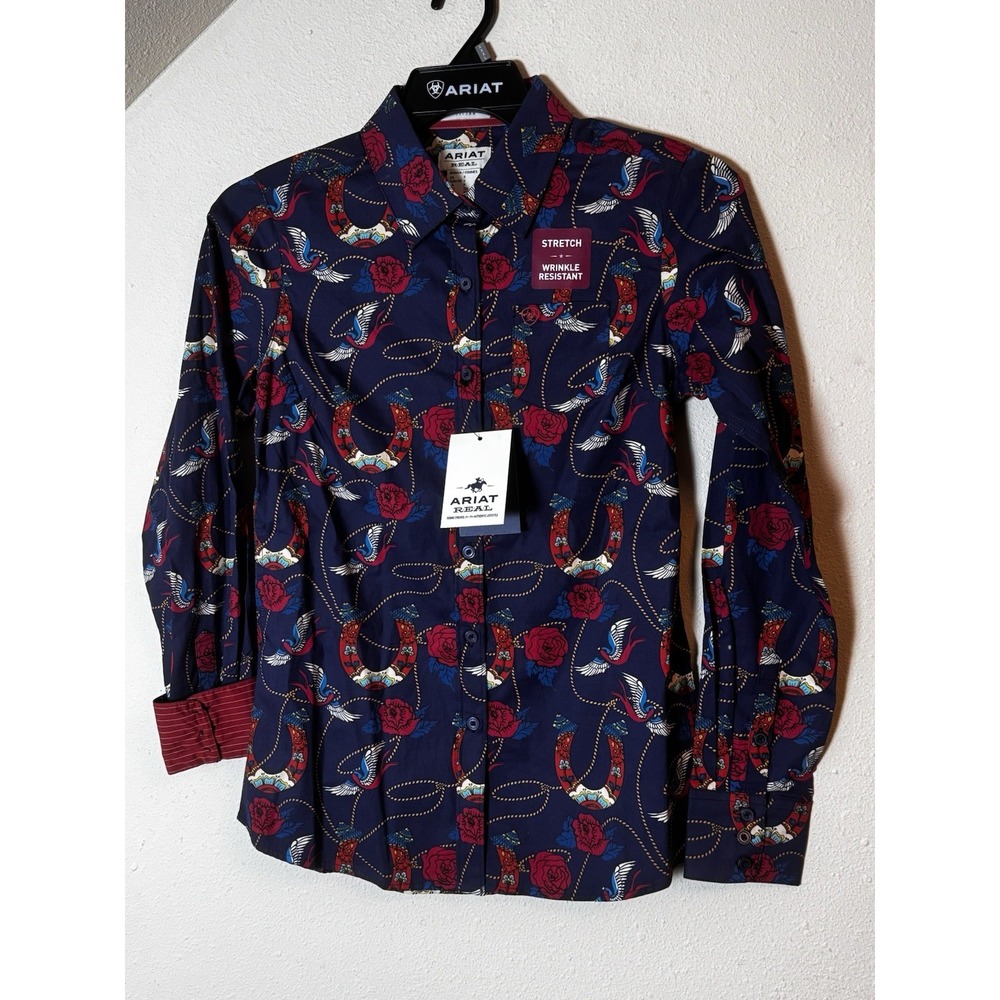 Ariat Western Shirt Womens Small Horseshoe Floral Snap Stretch Rodeo Cowgirl